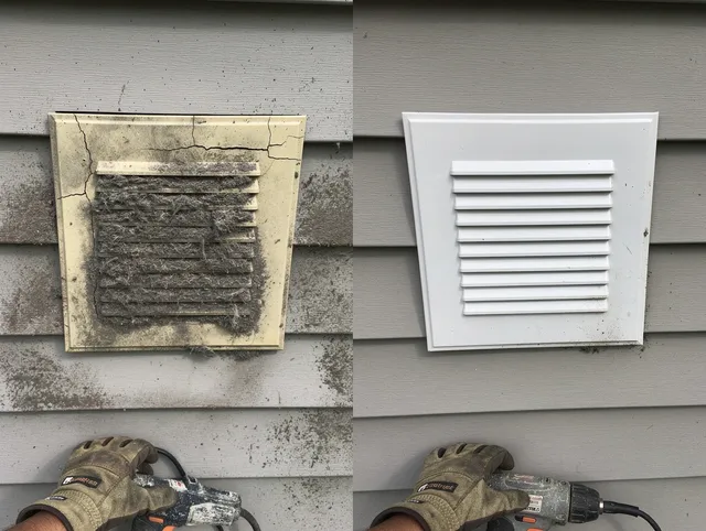 Eastlake Dryer Vent Cleaning technician installing high-quality dryer vent cover at a residential property in Eastlake