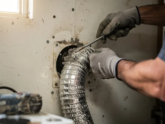 Eastlake Dryer Vent Cleaning technician performing precise dryer vent hose installation in Eastlake